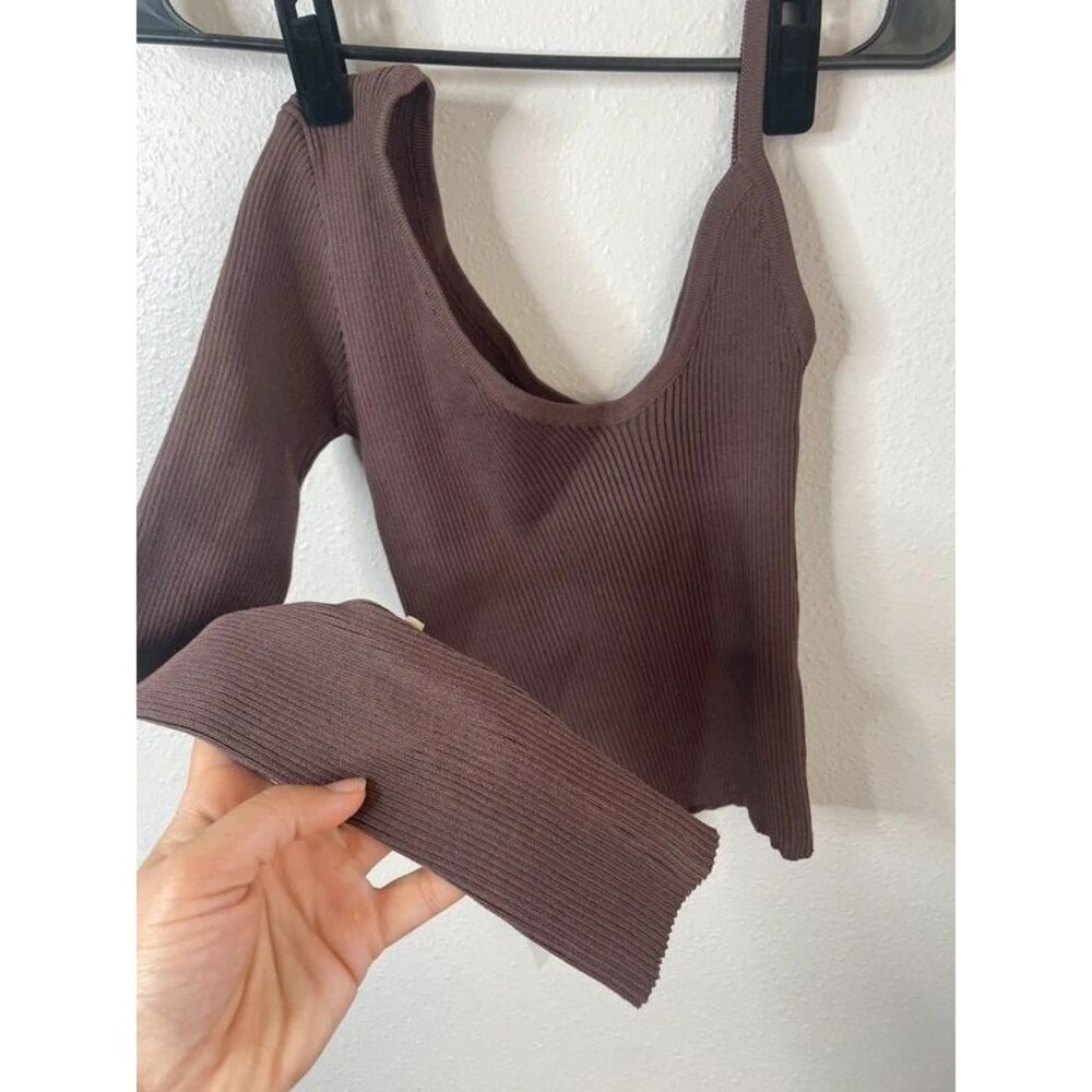 Cold Shoulder Chocolate Brown Ribbed Knit Asymmetrical Long Sleeve Crop Top Smal
